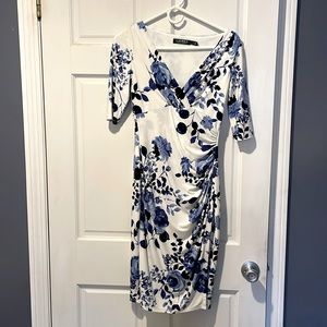 White with blue floral dress